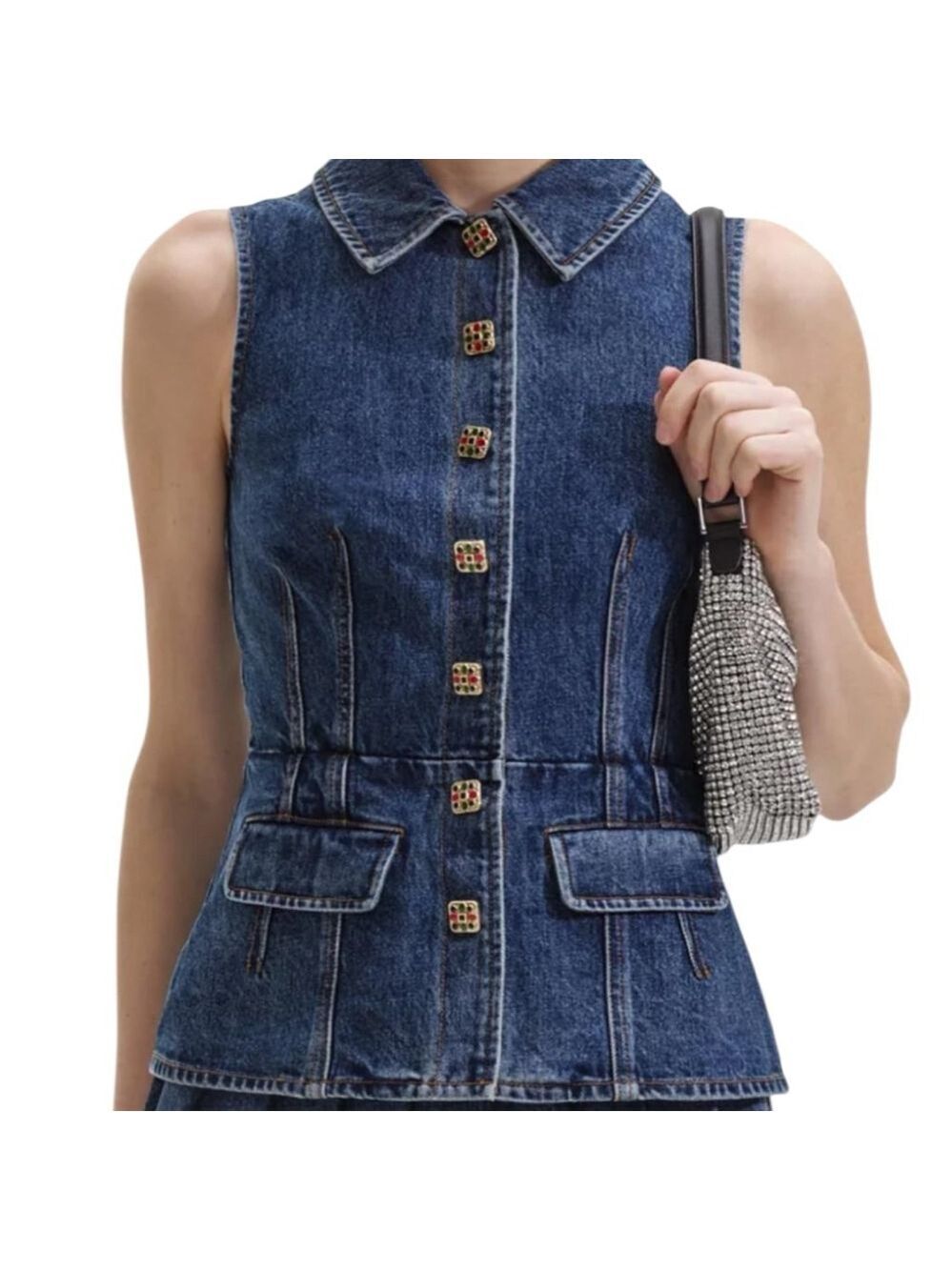 Self-Portrait Denim Vest with Embellished Buttons Size 2